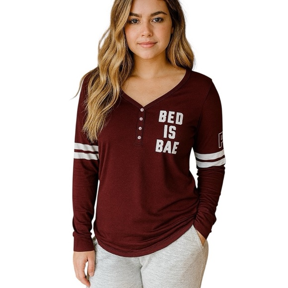 Victorias Secret PINK Medium Varsity Long Sleeve Sleep Shirt Cotton Blend - Picture 1 of 8